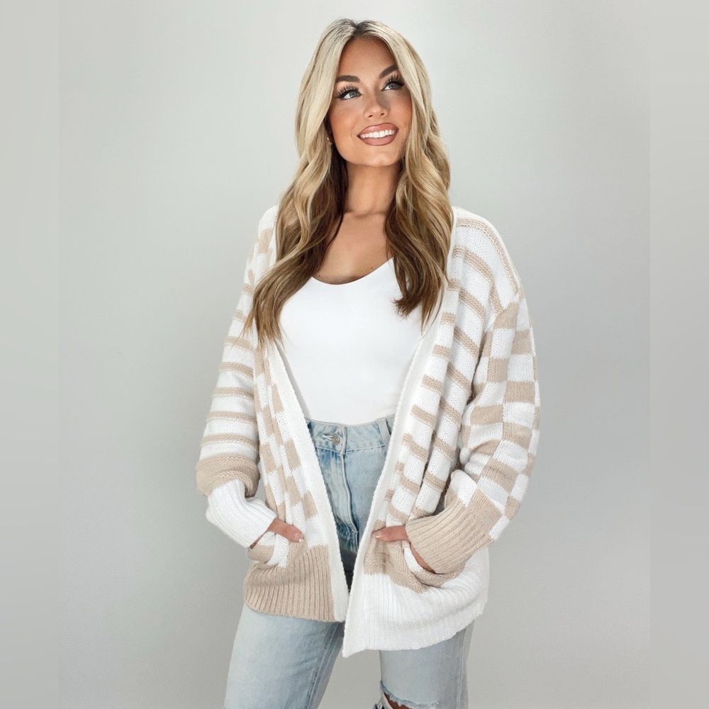 Lane 201 / Wishlist Tan & White Checkered Striped Open Front Pockets Cardigan XL
